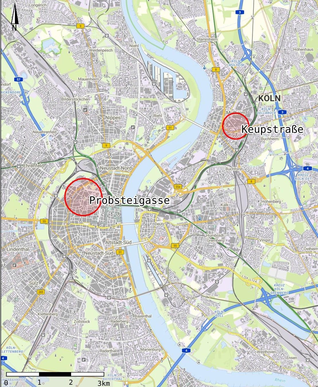 Stadtplan von Köln mit dem Rhein in der Mitte; zwei rote Kreise markieren die Probsteigasse in der Innenstadt links des Rheins und die Keupstraße in Mülheim rechts des Rheins. Maßstabsleiste 0 bis 3 km.